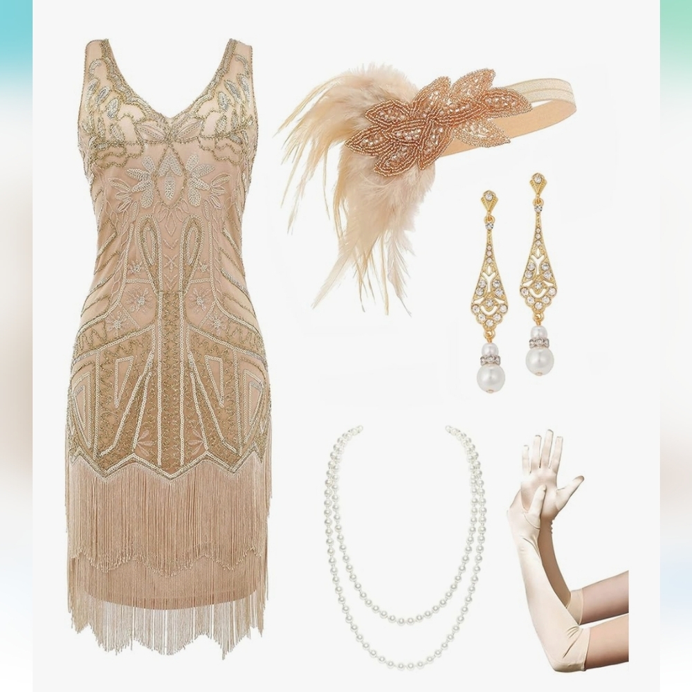 Flapper Roaring 20's Dress With Sequins And Accessories. New With Tags Size L
